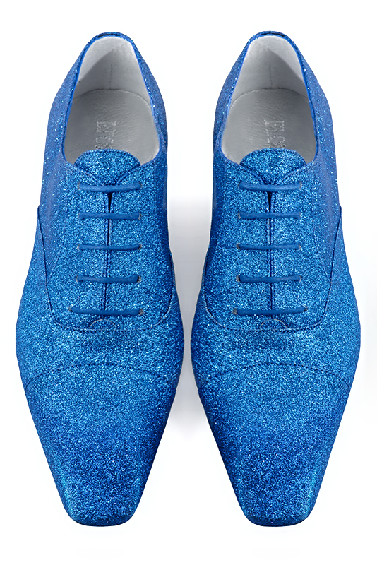 Electric blue women's elegant sneakers. Square toe. Flat leather soles. Top view - Florence KOOIJMAN